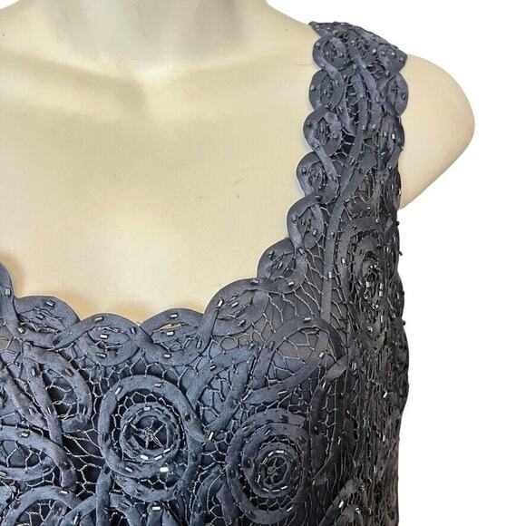 Soulmates Silk Whimsigoth Beaded Crochet Sleeveless Top Soutache Navy Satin sz S - Picture 6 of 16
